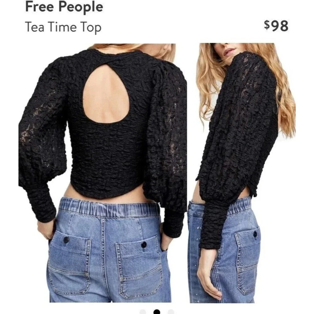 FREE PEOPLE Tea Time Top S Black Crop Puff Sleeve Open Back Lace EUC B83